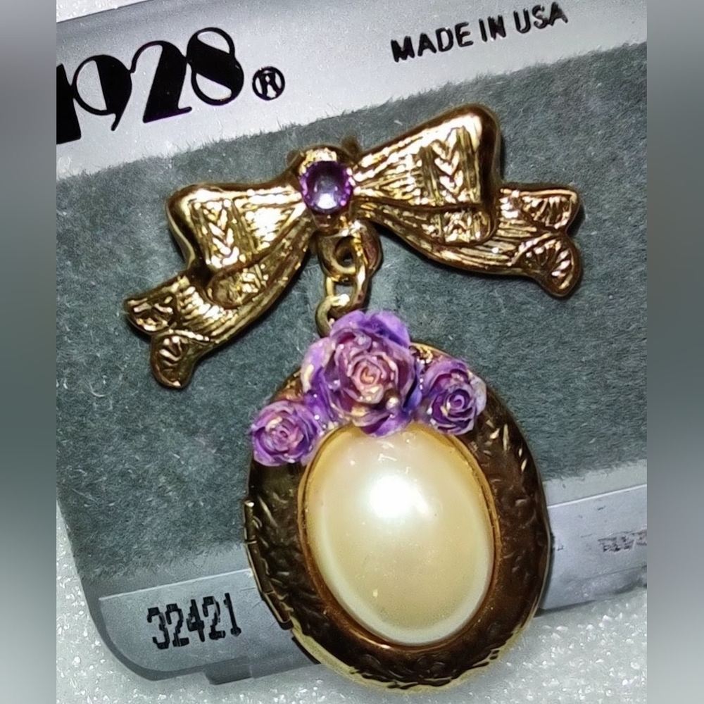 1928 Victorian Gold Bow Locket  Brooch w/Pearl & Purple Flowers Vintage Inspired